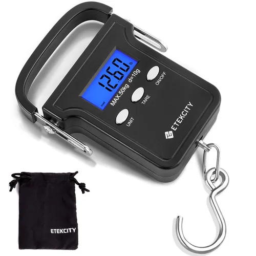 Etekcity Báscula de equipaje con gancho para artículos esenciales de viaje, pesadora digital portátil colgante de mano para etiquetas de bolsa, 110