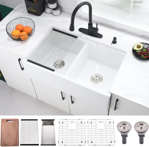Miniatura 11 de Fregadero de cocina de arcilla refractaria de 33 pulgadas, 33 x 20 pulgadas, color blanco, delantal frontal de cerámica de porcelana de campo
