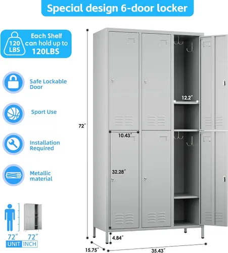 Miniatura 3 de SUPEER Armario de almacenamiento de metal de 6 puertas para empleados, armario escolar de acero resistente con estantes ajustables y 18 ganchos
