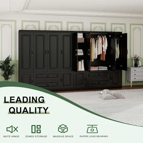 Miniatura 9 de Armario de madera, armario de almacenamiento grande, diseño de 4 puertas, armario con 2 cajones y 2 varillas para colgar, adecuado para dormitorio