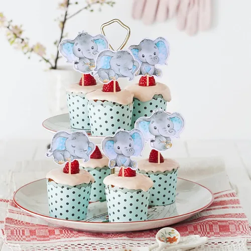 Miniatura 4 de 36 piezas de decoración de cupcakes de elefante azul It's a Boy Baby Shower para temática de elefante, revelación de género, baby shower, niños