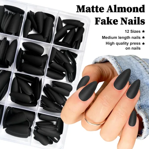 Miniatura 4 de 240 uñas postizas a presión con diseño de almendra de longitud media, uñas negras mates con diseño de almendra, puntas de uñas postizas cortas