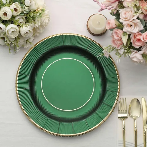 Miniatura 6 de Efavormart 25 Pack 13" Platos de servir desechables metálicos de color esmeralda de cazador con rayos de sol verde, platos de carga de papel Verde