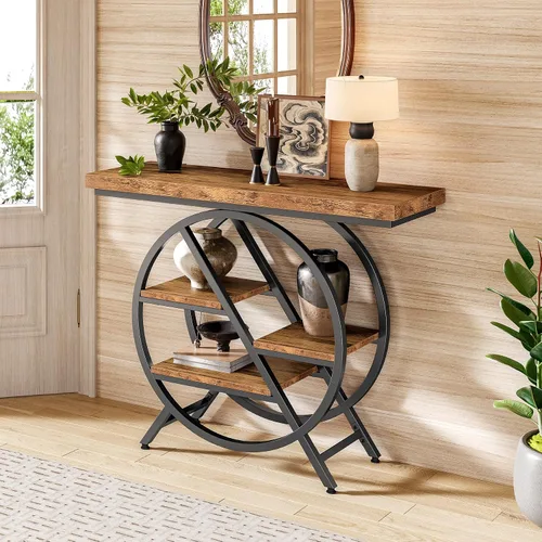Miniatura 3 de LITTLE TREE Mesa consola para entrada, mesa de sofá de 39.37 pulgadas detrás del sofá, mesa de madera industrial de 4 niveles estrecha con marco