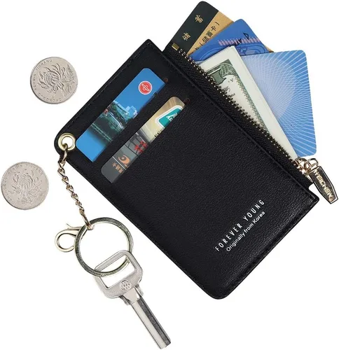 Miniatura 27 de Carteras pequeñas para mujer, tarjetero de piel delgado, cartera de monedas con llavero