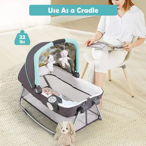 Miniatura 3 de BABY JOY Paquete y juego 5 en 1, corralito portátil para bebé con moisés y cambiador de pañales, cuna central para guardería infantil con juguetes