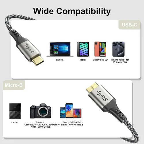 Miniatura 6 de Cable externo de disco duro USB C de 10 Gbps, cable corto micro B a USB C, cable de disco duro USBC USBC para WD Toshiba Westgate Seagate, SSD