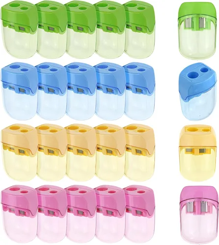 Miniatura 8 de BOPART - Sacapuntas manuales de colores a granel, 24 sacapuntas de mano pequeños con doble agujero con tapa para niños y adultos en el aula
