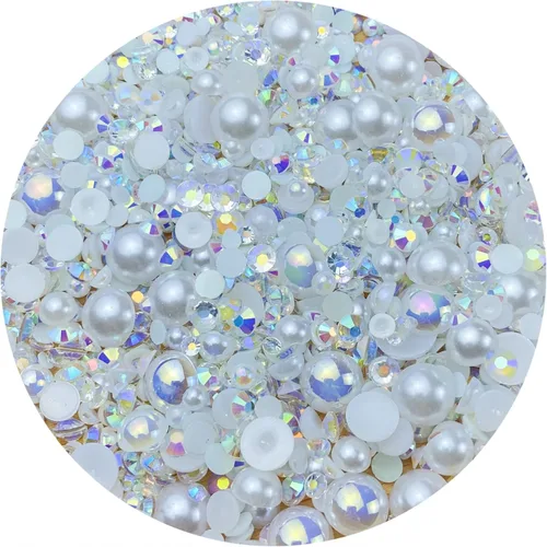 Miniatura 18 de Cuentas de resina mixta con diamantes de imitación y perlas semirredondas, 30 g, diamantes de imitación de parte trasera con perlas medias