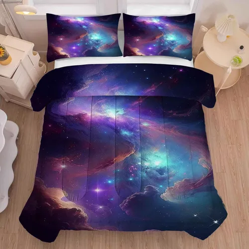 Miniatura 16 de Juego de edredón de galaxia azul, tamaño individual, ropa de cama espacial para niños, niñas, adolescentes, decoración de dormitorio, luna, nube