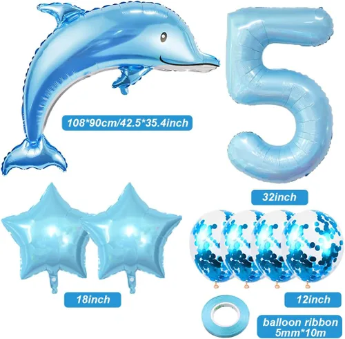 Miniatura 2 de Globos de cumpleaños de 5º delfín, globo gigante de papel de aluminio de delfín número 5, globos de Mylar de animales del océano para suministros