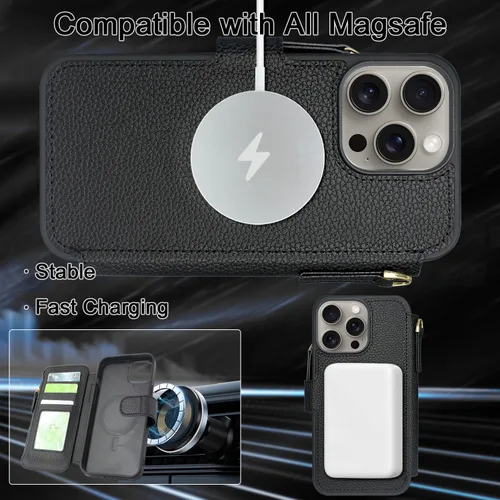 Miniatura 5 de Harryshell Funda compatible con iPhone 15 Pro con carga inalámbrica MagSafe con 3 ranuras para tarjetas, bolsillo con cremallera, bolsillo