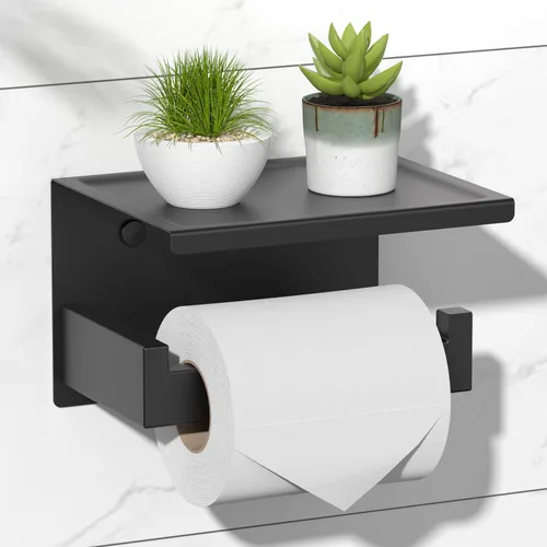 HITSLAM Soporte de papel higiénico con estante, soporte de rollo de papel higiénico negro mate adhesivo, autoadhesivo o de pared con tornillos para