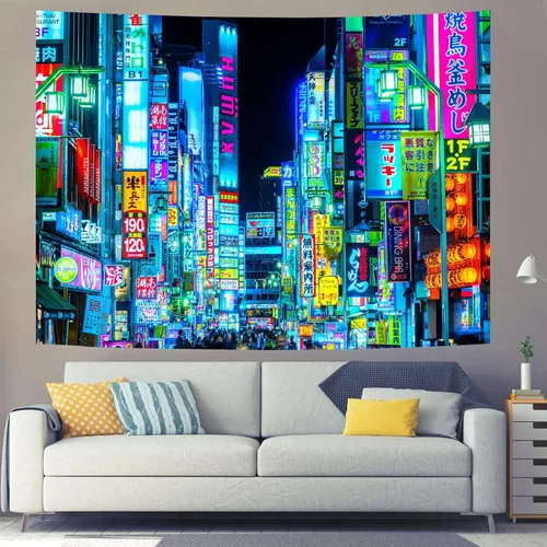 Miniatura 5 de iTapnoom Tapiz de anime japonés de neón punk, ciudad futurista, tapiz para colgar en la pared para hombres y niños, dormitorio, futuro fresco
