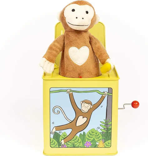 Jack Rabbit Creations Monkey Jack in the Box, sorpresa de felpa, manivela lateral juega pop va a la comadreja, juguete clásico de lata para niños a