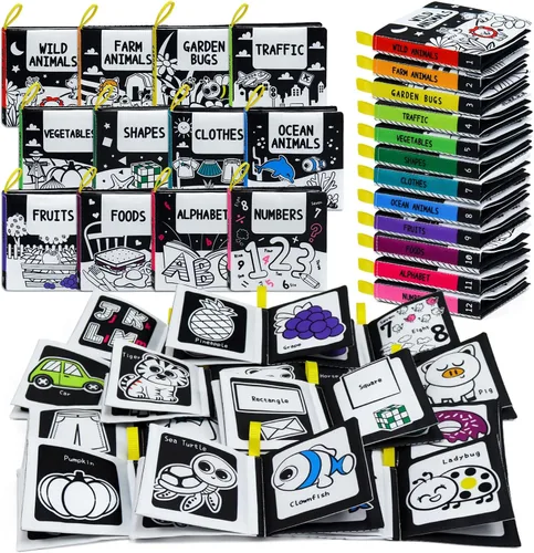 OKOOKO 12 piezas de libros de tela suave para bebés, libros de baño en blanco y negro de alto contraste, libros de tela suave arrugada lavables no