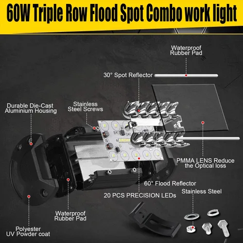 Miniatura 4 de Vainas LED: 20 unidades de 60 W, luces de punto LED de 12000 lm, luz cúbica de triple fila, luces de inundación para conducción todoterreno