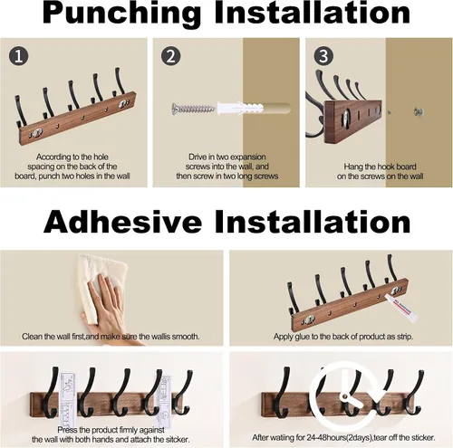Miniatura 6 de Paquete de 2 Percheros Pequeños de Madera de 17.3" Montados en la Pared con 5 Ganchos, Ganchos de Pared de Entrada Colgador de Abrigos para Colgar