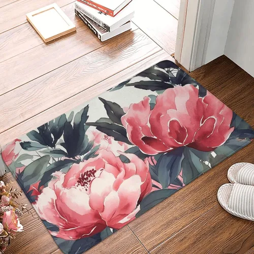 Tapete para puerta delantera, estampado de peonías, primavera, tapete de bienvenida, absorbente, antideslizante, tapete de entrada suave, alfombra