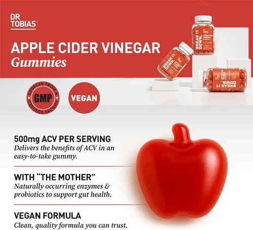 Miniatura 4 de Dr. Tobias Gomitas de vinagre de sidra de manzana con la madre, 500 mg de ACV por porción, más folato, B6, B12 y yodo Apoya la limpieza intestinal