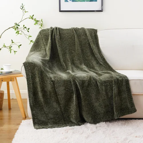 Miniatura 3 de BATTILO HOME Manta de Chenille Verde Oliva para Sofá, Acogedora Manta de Punto para Cama, Sofá, Exteriores, Súper Suave y Cálida, Mantas de Chenille