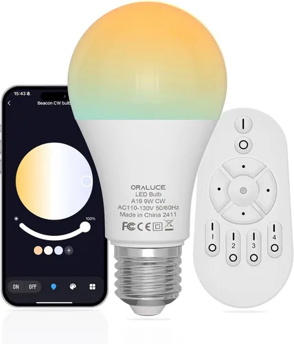 ORALUCE Bombillas LED de control remoto equivalente a 60 W, bombillas regulables de 2700-6500 K, base E26, bombilla inteligente Bluetooth A19 para