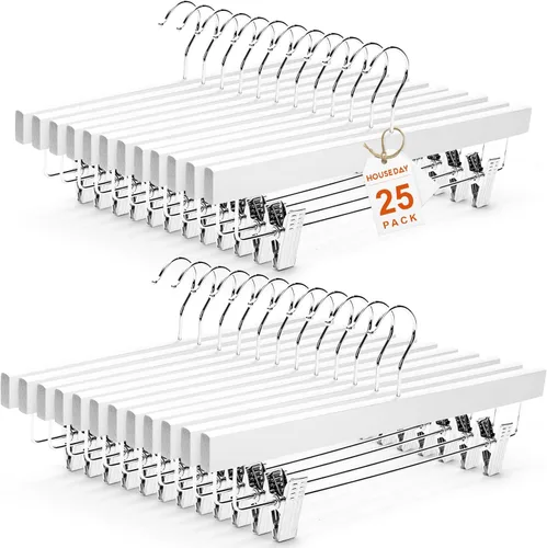 HOUSE DAY Paquete de 25 perchas de madera de alta calidad para pantalones, perchas de falda de madera de loto maciza con 2 clips ajustables, Blanco