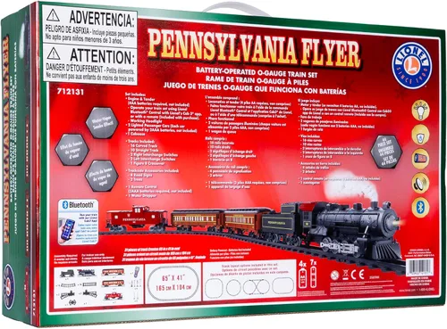 Miniatura 19 de Juego de tren de juguete Lionel Pennsylvania Flyer a batería, escala O, con control remoto, locomotora, vagones de tren y vía con efectos auténticos