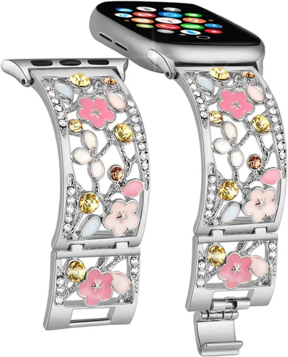 Pulsera Floral Compatible con Apple Watch Banda de 1.65, 1.73, 1.77, 1.81 y 1.92 pulgadas, iWatch Series 11 10 9 8 7, Correa de Metal Hueca con