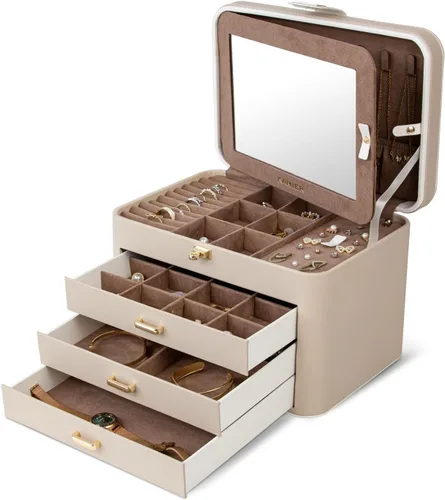 KAMIER Caja organizadora de joyas, organizador de joyas de 4 capas con espejo, 3 cajones, caja de joyería grande para pulseras, aretes, anillos,