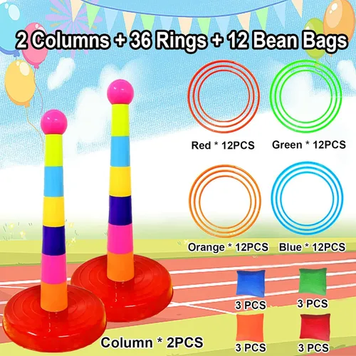 Miniatura 3 de Colorido juego de lanzamiento de anillos deportivos de plástico para niños, 2 columnas coloridas+48 anillos+12 bolsas de frijoles, juguetes