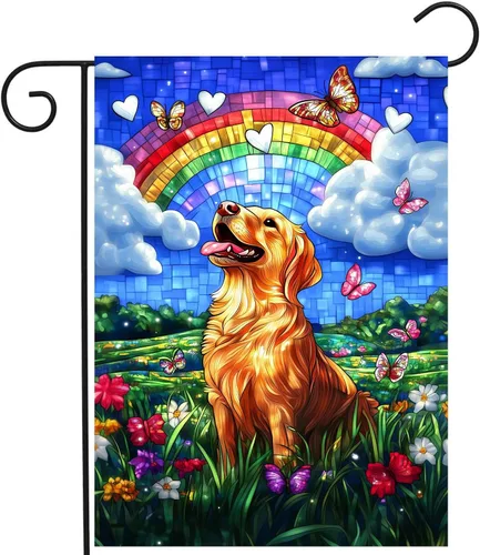 Miniatura 20 de Bandera floral de jardín Golden Retriever para jardín, banderas de bienvenida para exteriores de 12 x 18 pulgadas, bandera de perro de flores