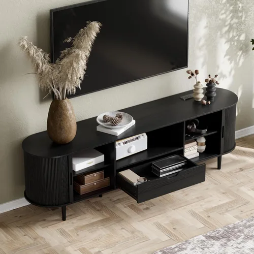 Miniatura 7 de DHH 71" Fluted TV Stand with Power Outlet for TVs up to 80", TV Console with Adjustable Shelves and Sliding Door,Mid Century Modern Entertainment