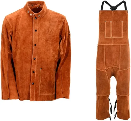 QeeLink Chaqueta de trabajo de soldadura de cuero con delantal de pierna dividida, resistente al fuego, resistente al fuego, chaquetas de soldador