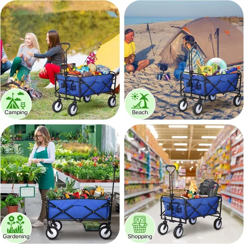 Miniatura 7 de HKLGorg Carrito plegable con ruedas, resistente, portátil, plegable, con asa, para campamento, comestibles, playa, (azul)