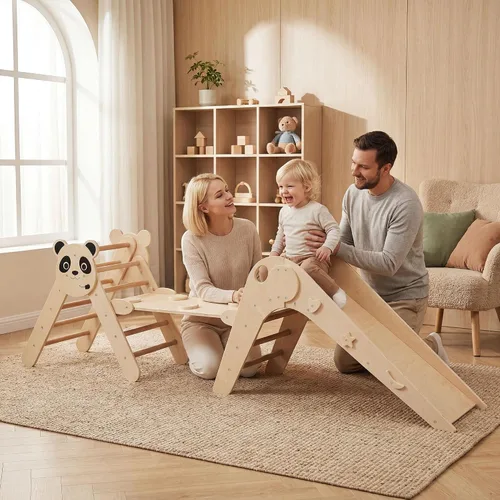 Miniatura 9 de GLACER Pikler - Juego de triángulos Montessori con temática de panda, juguetes de escalada para niños pequeños con escalera, túnel, tobogán, rampa