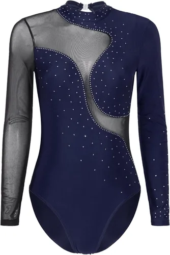 Miniatura 48 de iiniim Leotardo de malla para mujer, con diamantes de imitación, de malla, de manga larga, leotardos de gimnasia