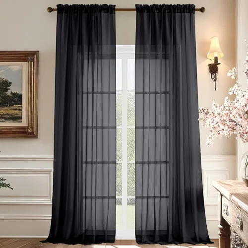 Miniatura 17 de Aiyufeng 2 paneles de cenefa transparente negra de 14 pulgadas de largo, cortinas cortas negras transparentes para dormitorio, cortinas de cocina