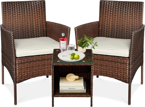 Miniatura 20 de Best Choice Products Juego de 3 piezas de mimbre para conversación al aire libre, muebles de patio que ahorran espacio para jardín con mesa