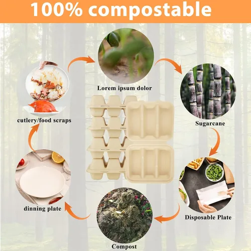 Miniatura 4 de JMIATRY 50 soportes desechables para tacos con tapas, platos desechables para tacos con 3 compartimentos, divisores de fibra de pulpa, desechables