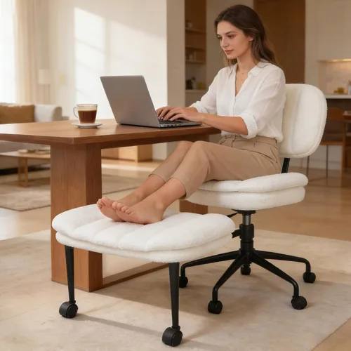 Miniatura 10 de Silla cruzada con reposapiés, silla de oficina giratoria de piel de oveja sintética de 360°, asiento extra ancho con comodidad similar al sofá, Lana