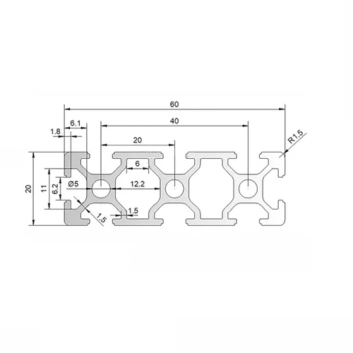 Miniatura 2 de Extrusión de aluminio 2060 de 5.91 pulgadas / 5.906 in de longitud, ranura en T negra, 1 paquete, aluminio extruido de 0.787 in x 2.362 in, 20