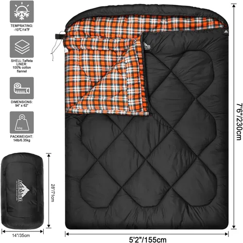 Miniatura 8 de Saco de dormir doble de 0 grados para adultos, forro de franela de algodón para 2 personas, tamaño Queen, cálido saco de dormir para familia