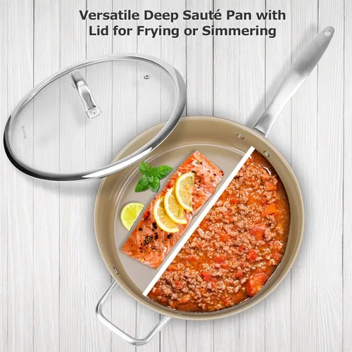 Miniatura 6 de Duxtop Sartén antiadherente de cerámica, sartén de acero inoxidable de inducción, sartén profunda de 5.5 cuartos de galón con tapa, grado Marrón