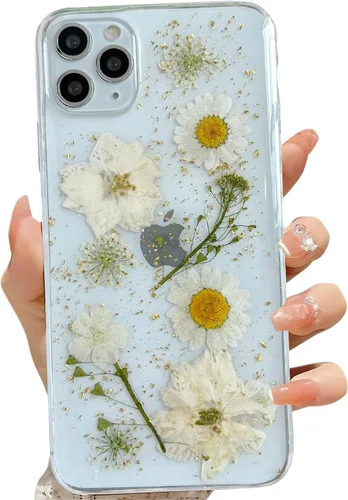 Miniatura 48 de LSEEKA Funda transparente para iPhone 13 Mini/iPhone 12 Mini con diseño de flores reales prensadas, con purpurina, bonito patrón floral blanco, Oro