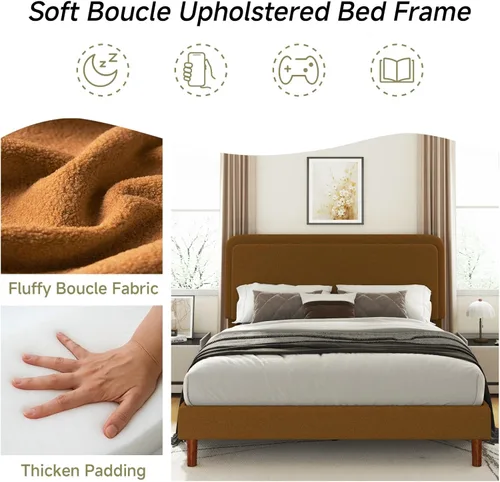 Miniatura 4 de Marco de cama tapizado Boucle de tamaño matrimonial con cabecera ajustable, plataforma de nube, patas de madera maciza, no necesita somier, fácil