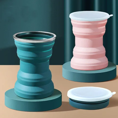 Miniatura 4 de Taza plegable de silicona portátil con cordón, tazas plegables resistentes al calor de 10.8fl oz con tapa, taza de viaje plegable para beber, taza