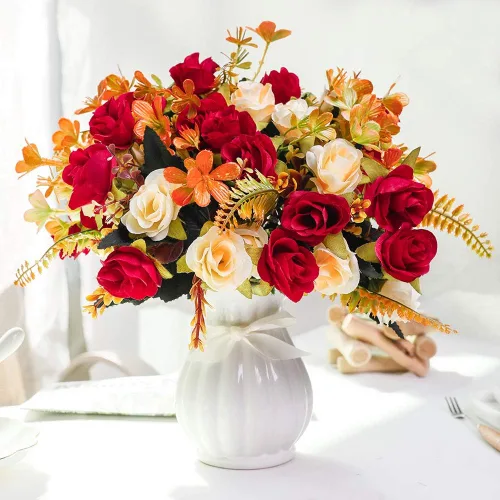 Miniatura 9 de LESING Ramos de flores artificiales de hortensias de seda con jarrón, flores falsas rústicas para decoración del hogar, centro de mesa (champán)