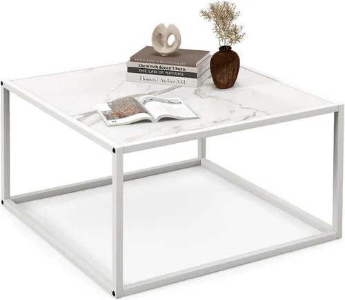 Miniatura 9 de Giantex Mesa de centro cuadrada con mesa de mármol sintético y marco de acero, mesa de cóctel central, muebles de sala de estar, mesita de noche