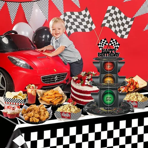Miniatura 3 de Soporte redondo de 3 niveles para cupcakes con tema de luz de señal, soporte para postres con temática de coche, decoración de fiesta de cumpleaños